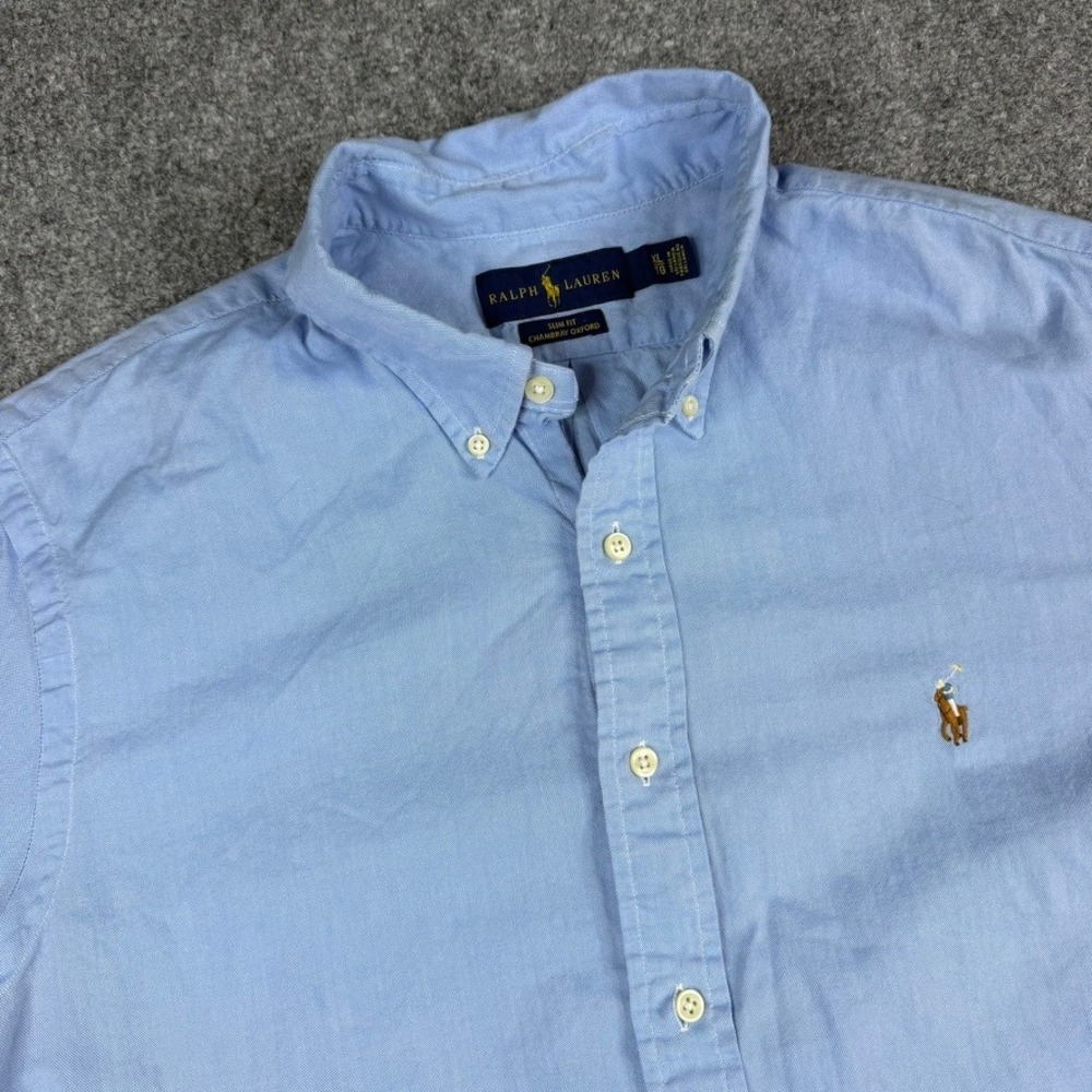 Polo Ralph Lauren Short Sleeve Shirt Mens XL Blue Slim Fit Chambray Oxford Pony